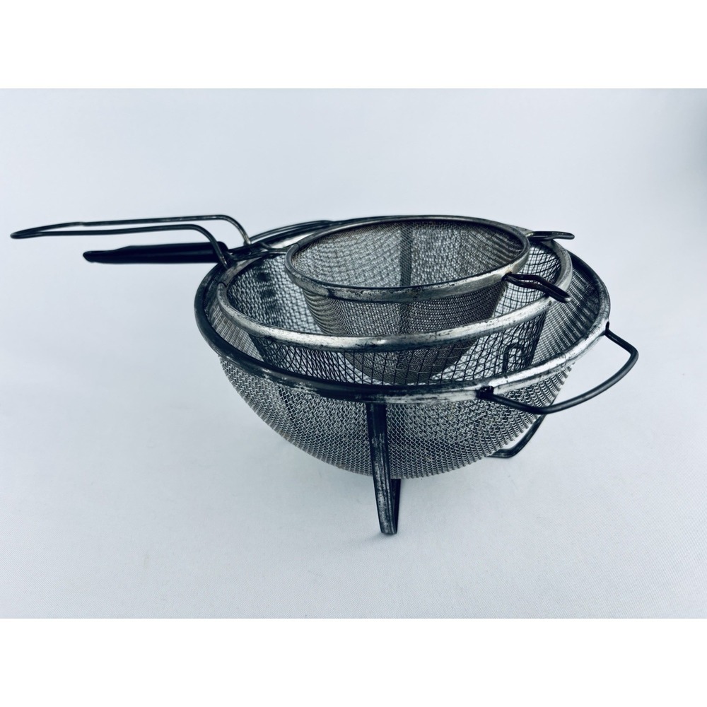 Vintage Lot Of 3 Metal Wire Mesh Strainer Double Handle Stand - Plastic Handle